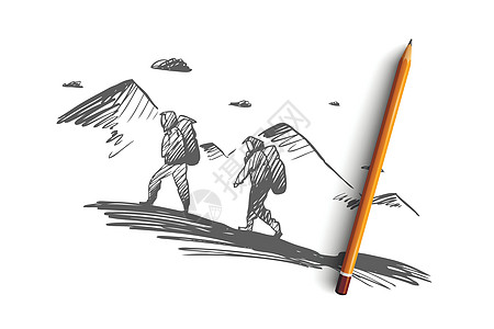 卡子拉山一起挑战攀登的概念 手绘孤立的矢量男人障碍员工危机运动领班领导团队商业动机插画