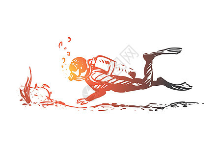潜水水下运动海洋概念 手绘孤立的矢量插图浮潜气泡绘画男人旅行潜水员游泳者面具草图图片