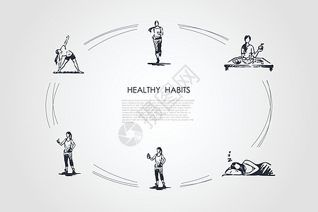健康的习惯跑步吃健康的食物睡得好做健身和锻炼矢量概念 se刻字操练水果女士控制草图火车运动身体减肥图片