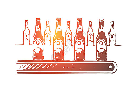 酒精厂贮藏啤酒制造过程装瓶车间带标签的传送带上的啤酒瓶成品图片