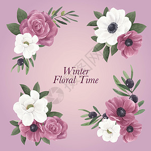 具有冬季花卉概念的花束 水彩风格邀请函玫瑰问候语紫色花店绿色桉树插图蓝色收藏图片