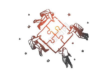 团队合作合作伙伴关系成功概念草图 它制作图案手绘孤立的矢量宇航员插图同事挑战技术帮助飞行悬浮动机合伙图片