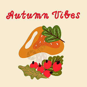 暖色调的秋季元素与蘑菇 秋季的矢量设计涂鸦庆典感恩卡片横幅蔬菜浆果南瓜插图卡通片图片