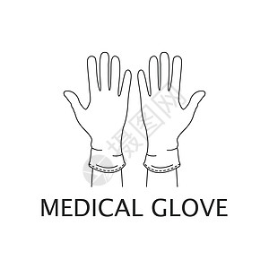 沿着轮廓在手上戴上医用乳胶手套 防止病毒和细菌 在白色背景上的 矢量平面样式与 tex图片