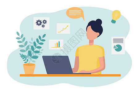 办公室工作多任务分析 一位女士坐在办公桌前 在笔记本电脑上工作  Icon家装在线培训 矢量平面它制作图案图片