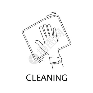 一只戴着橡胶手套的手用抹布擦拭表面 清洁消毒剂 白色背景上的线性样式 图标日志图片