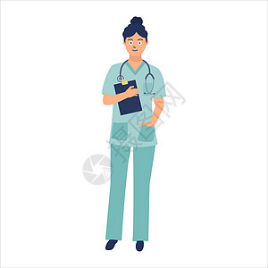 微笑的女医生穿着全身医疗制服 脖子上挂着听诊器 手里拿着一块平板电脑 白色背景上平面样式的卡通矢量插图图片