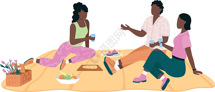 非洲裔美国朋友团体野餐平面彩色矢量不露面人物图片