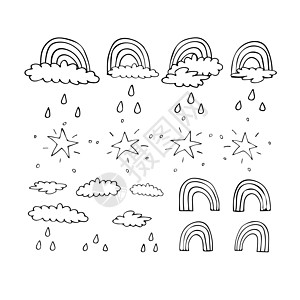 带有彩虹云星和雨的图形轮廓印刷标志图片