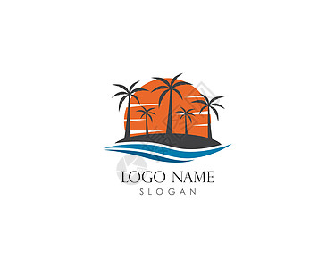 带有 2 个椰子树矢量 ico 的日落标志模板徽章蓝色服饰海报棕榈海滩标识热带旅行插图图片