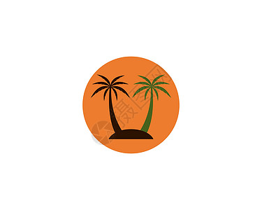 带有 2 个椰子树矢量 ico 的日落标志模板旅行海报打印太阳标识棕榈蓝色服饰海滩假期图片