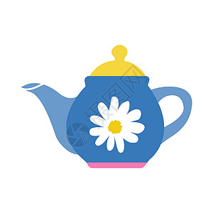 有洋甘菊和黄色盒盖的蓝色茶壶 茶话会 白色背景上的矢量平面图像图片