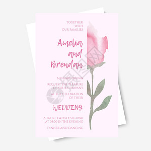 矢量图的婚礼请柬模板与粉红玫瑰 彩色明信片poster植物海报设计紫色派对邀请函边界元素花店绘画图片