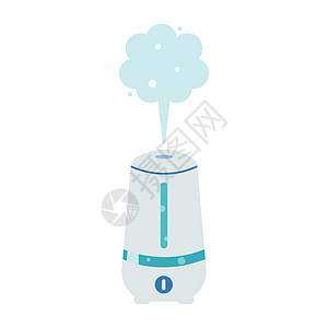 加湿器家用或办公设备 白色背景上卡通风格的矢量平面图像技术湿度净化器房子蓝色超声波卡通片插图控制药品图片