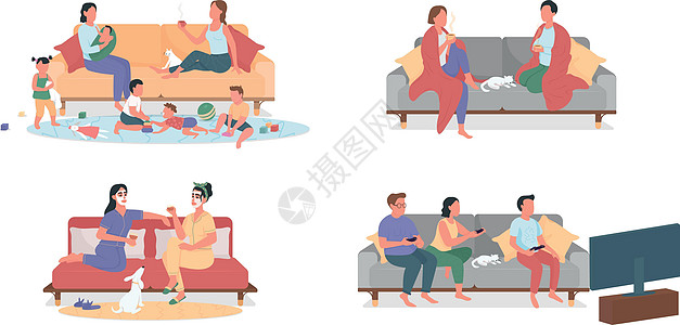 在家里的沙发上休息平面颜色矢量不露面字符 se高清图片