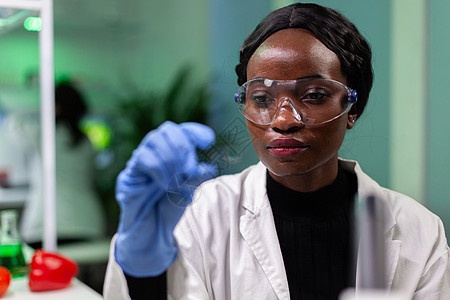 紧贴非洲女性生物化学家的绿叶样板 以近身图片