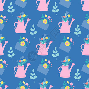 一个粉红色的喷壶和一个装满鲜花和植物的信封 蓝色背景上平面样式的矢量无缝模式背景图片