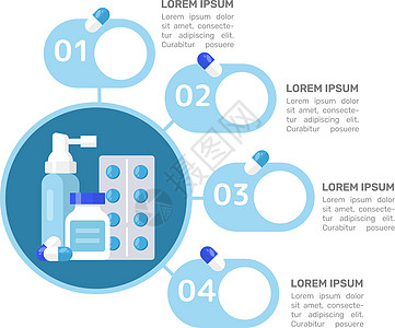 药房蓝色信息图表设计模板 为患者用药 带有空白复制空间的抽象矢量信息图 具有 4 个步骤序列的教学图形 可视化数据呈现图片