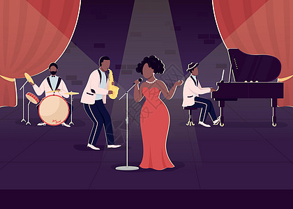 现场爵士乐队音乐会平面彩色矢量图制作图案图片
