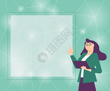 一位女商务人士站着拿着她的笔记本电脑提出新的惊人想法的插图 穿着正装绘图的女士使用小型电脑分享旧闻蓝色绘画人士经理创造力职业领导图片