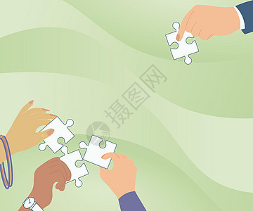 手拿着拼图互相帮助解决问题的插图 与队友合作玩桌游的手掌图绘画想像力人手游戏蓝色战略商业商务图形解决方案图片