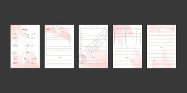 2022 年日历和每日每周每月计划者系列 带有抽象水彩斑点 星期从周日开始图片
