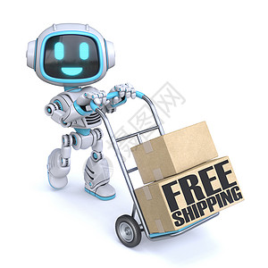 带手推车的可爱蓝色机器人免费送货概念 3图片