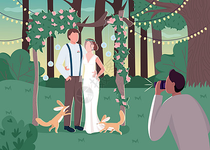 新婚夫妇在质朴的 photozone 平面颜色矢量它制作图案图片