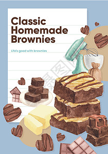 带有自制布朗尼概念的海报模板 水彩风格花生小吃广告厨房小册子餐厅面包糕点正方形馅饼图片