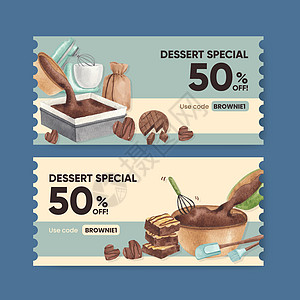 带有自制布朗尼概念 水彩风格的凭证模板馅饼广告小吃正方形坚果营销餐厅烹饪巧克力美食图片