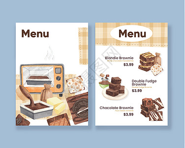 巧克力 可可菜单模板与自制布朗尼概念 水彩风格坚果食谱小吃美食餐厅糕点馅饼插图巧克力食物插画