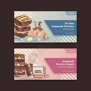 带有自制布朗尼概念 水彩风格的 Twitter 模板糕点正方形餐厅厨房媒体花生美食面包坚果蛋糕图片