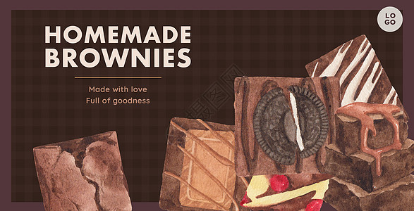 广告牌模板与自制布朗尼概念 水彩风格营销巧克力面包正方形蛋糕甜点食物烹饪餐厅食谱图片