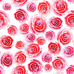 白色背景上不同大小的水彩粉色和红色玫瑰的无缝图案图片