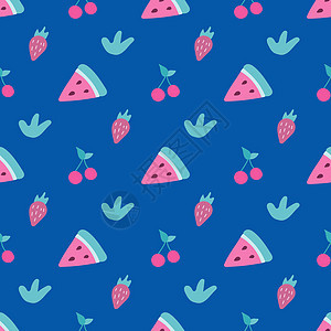 一片深蓝色背景上的西瓜樱桃和草莓 平面样式中的矢量无缝模式图片