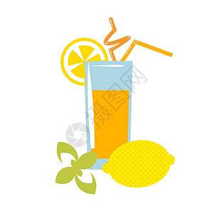辣薄荷玻璃杯中的柠檬水玻璃橙子柠檬稻草水果黄色薄荷果汁插画
