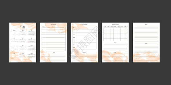 2023 年日历和每日每周每月计划者系列 带有抽象水彩斑点 星期从周日开始图片