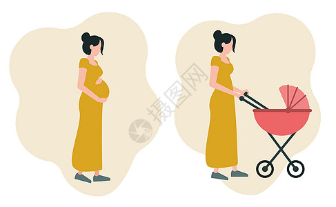 一组两幅图像 一个怀孕的女孩抱着她的肚子 一个年轻的母亲推着婴儿车走路 以母性为主题的图标 在白色背景上孤立的平面样式中的矢量插图片