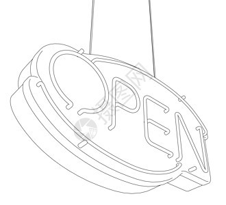 一个广告招牌的轮廓 上面有从白色背景上孤立的黑色线条中的 OPEN 字样 底视图 它制作图案矢量图片