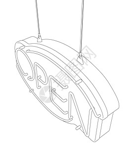 一个广告招牌的轮廓 上面有从白色背景上孤立的黑色线条中的 OPEN 字样 从上面看 它制作图案矢量图片