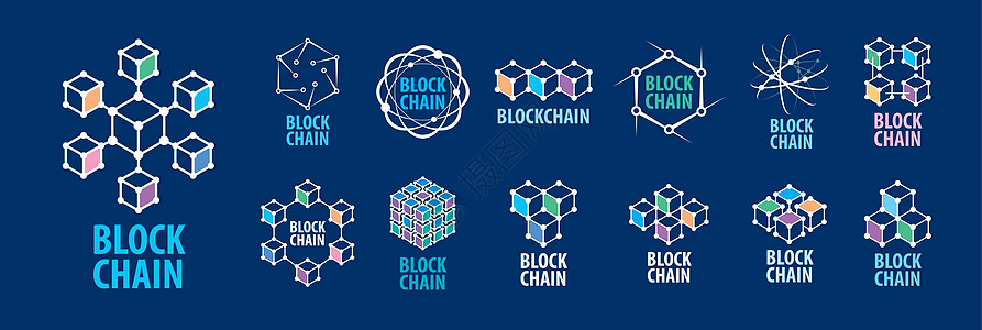 一组抽象矢量标志 Blockchai代码电脑金融网络银行业芯片商业数据库技术标识图片