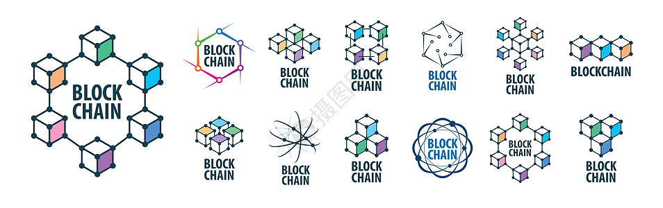 一组抽象矢量标志 Blockchai芯片数据交换插图矿工标识数据库银行安全电脑图片