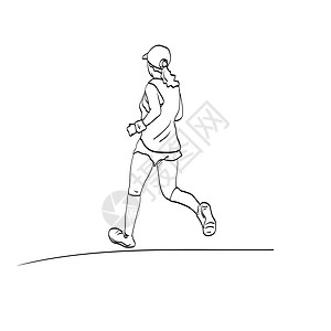 在白色背景上孤立的女跑步运动员跑步插图矢量的线条艺术后视图图片