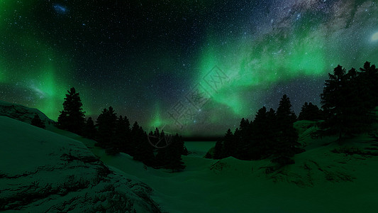 绿色北极光极光下雪 幻想3D风格宇宙空间背景 蓝色星空3D图片