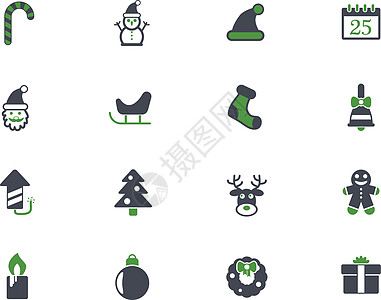圣诞节图标 se短袜雪橇绿色雪人日历花圈蜡烛灰色糖果玩具背景图片
