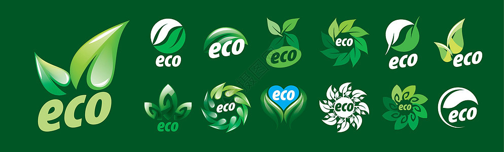 一组绿色背景上的矢量生态图标生活标识叶子标签农业生物植物产品身份生长图片