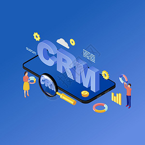 智能手机 CRM 应用程序等距插图 客户关系管理系统移动应用软件 营销自动化 蓝色背景上孤立的电话 3d 概念上的客户端数据库图片