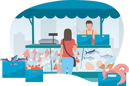女人在街头市场摊位买海鲜平插图 冰贸易帐篷鱼柜台的新鲜海鲜 市场摊位 当地鱼市户外商店卡通人物中的顾客图片