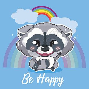 可爱的浣熊卡哇伊角色社交媒体帖子模型 快乐的刻字 带有动物和彩虹的正面明信片模板 社交媒体内容布局  Printkids 图书插图片