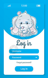 可爱的大象孩子移动应用程序屏幕与卡通卡哇伊人物 登录创建帐户智能手机游戏社交媒体应用程序模型 带有 anima 的用户配置文件注图片